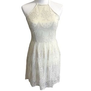 Ivory Embroidered Halter Lace Dress | Boho Summer Party | Size S